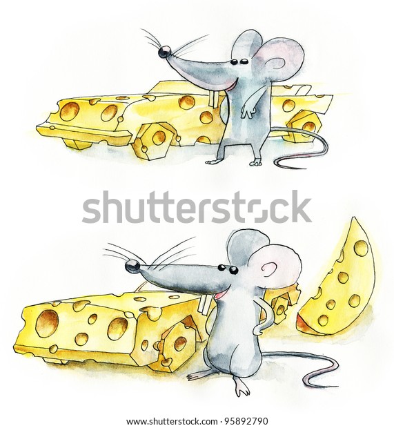 Funny mouse cheese car over a white\
background. Watercolor\
illustration.