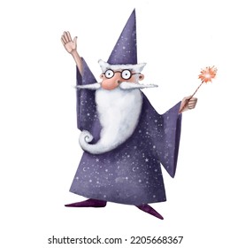 Funny Old Magician With Magic Stick, Fairy Tale Merlin Cartoon Character Illustration Good For Card And Print Design