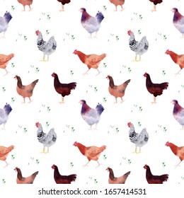 Funny chiсkens on white background. Watercolor seamless pattern for childish designs. Seamless pattern can be used for wallpaper, pattern fills, web page background, surface textures.