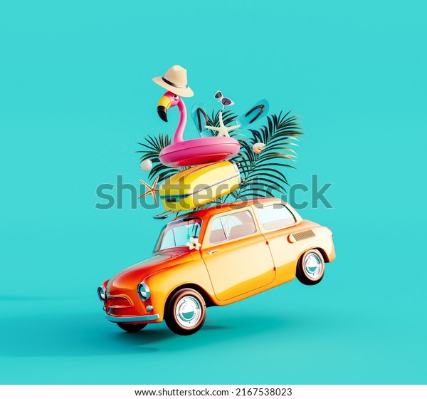 Funny orange\
retro car with summer vacation accessory on turquoise blue\
background 3D Rendering, 3D\
Illustration