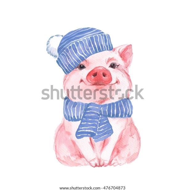 青い帽子とスカーフを着たおかしな豚 かわいい水彩イラスト のイラスト素材