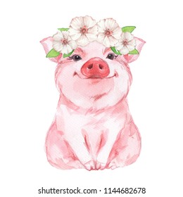 Funny pig wearing a wreath. Isolated on white. Cute watercolor illustration
