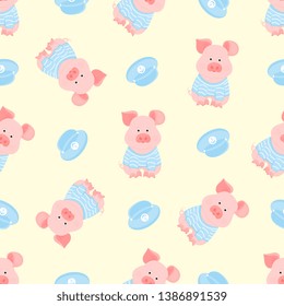 A funny piggy in a sailor's striped T-shirt and captain's visor seamless pattern.