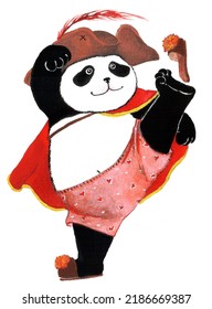 A Funny Pirate Panda In Pink Panties Is Kung Fu Kicking Off His Slipper, Isolated On A White Background. Gouache Artwork.