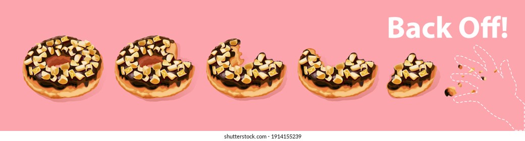 Funny poster with donuts. Whole donut with chocolate and nut topping and its bitten pieces and greedy hand - Powered by Shutterstock