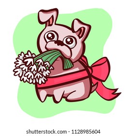 Funny pug dog with flowers gift chamomile bouquet greetings card present pet with bow spring mood green cartoon style illustration - Powered by Shutterstock