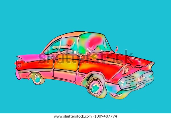 Funny red car.\
Image of a funny, beautiful\
red antique car on a blue\
background