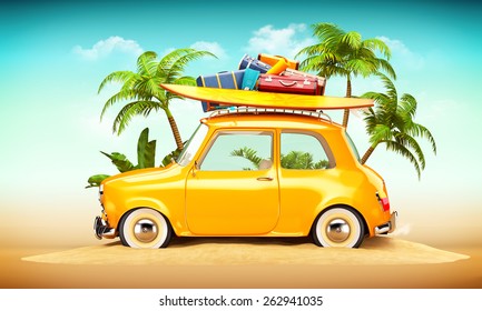 Funny retro bil med surfbræt og Stock-illustration 262941035 | Shutterstock