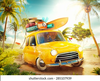 Funny Retro Car With Surfboard And Suitcases On A Beach With Palms. Unusual Summer Travel Illustration 