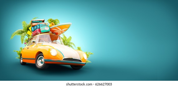 Funny Retro Car With Surfboard, Suitcases And Palms. Unusual Summer Travel 3d Illustration. Summer Vacation Concept