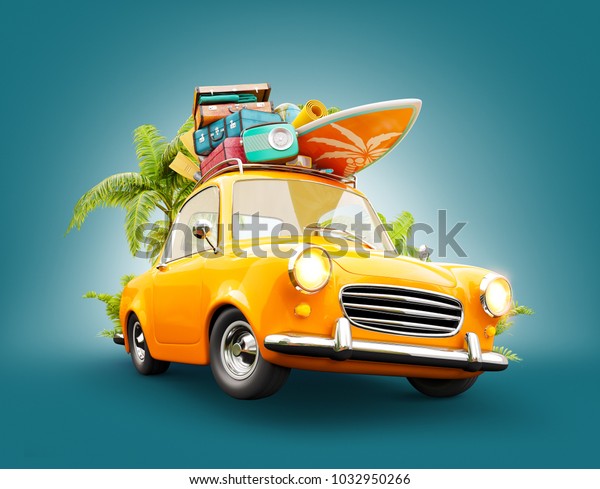 Funny\
retro car with surfboard, suitcases and palms. Unusual summer\
travel 3d illustration. Summer vacation\
concept