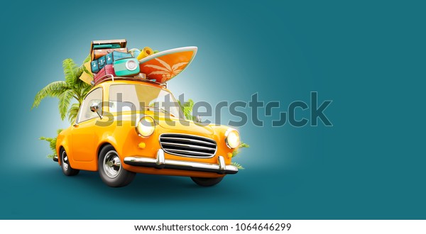 Funny\
retro car with surfboard, suitcases and palms. Unusual summer\
travel 3d illustration. Summer vacation\
concept