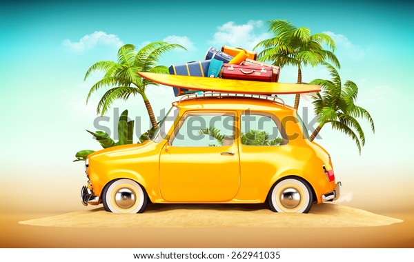 サーフボードとスーツケースを持つおかしなレトロな車で 手のひらの後ろのビーチに乗る 珍しい夏の旅のイラスト のイラスト素材
