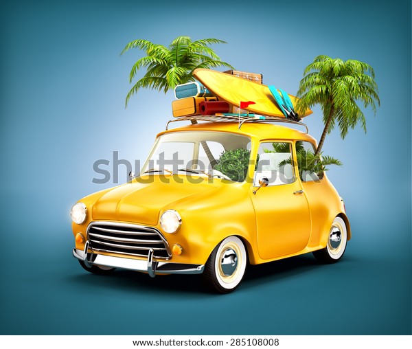 Funny retro car with surfboard,\
suitcases and palms. Unusual summer travel illustration\
