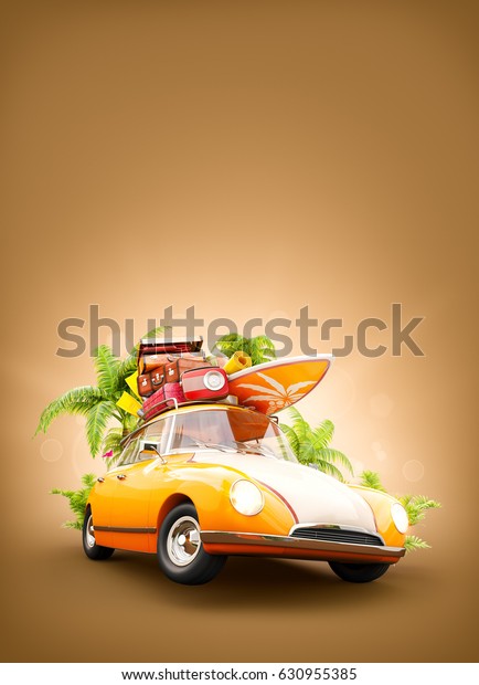 Funny
retro car with surfboard, suitcases and palms. Unusual summer
travel 3d illustration. Summer vacation
concept