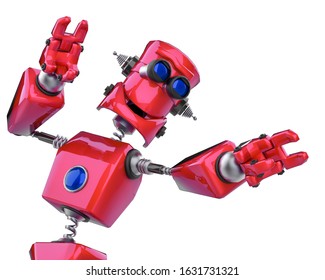 Funny Robot Cartoon Happy Dance In A White Background, 3d Illustration