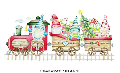 Funny, Scandinavian Gnomes, Riding On The Christmas Train, With Gifts And Christmas Trees. Watercolor Clip Art, In Cartoon Style.