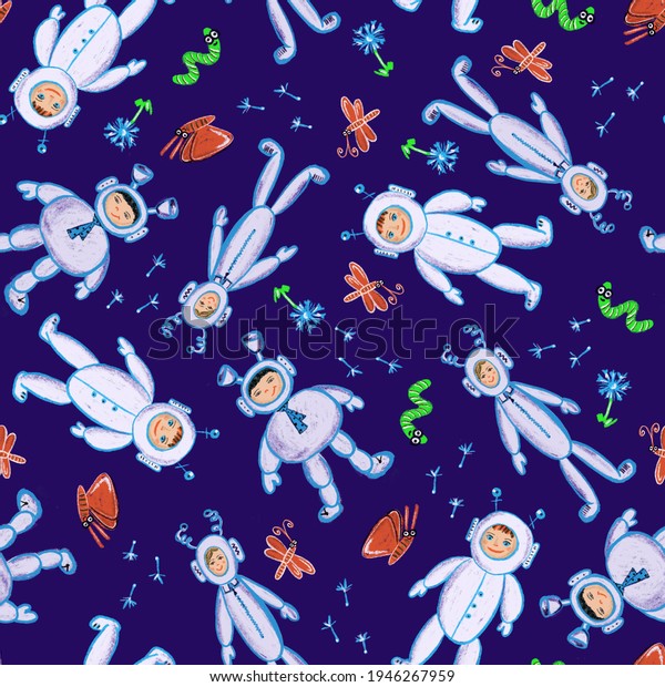 funny seamless pattern\
with pretty astronauts in space on blue background for baby textile\
or interior with