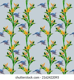 Funny Seamless Wallpaper Wallpaper Of Tropical Green Palm Leaves And Strelitzia Flowers On A Beige Background. Exotic Wallpaper. Background For Prints, Fabric, Wallpaper, Wrapping Dad.