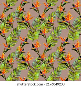 Funny Seamless Wallpaper Wallpaper Of Tropical Green Palm Leaves And Strelitzia Flowers On A White Background. Exotic Wallpaper. Background For Prints, Fabrics, Wallpapers, Wrapping Dad