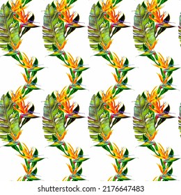 Funny Seamless Wallpaper Wallpaper Of Tropical Green Palm Leaves And Strelitzia Flowers On A Beige Background. Exotic Wallpaper. Background For Prints, Fabric, Wallpaper, Wrapping Dad.