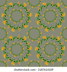 Funny Seamless Wallpaper Wallpaper Of Tropical Green Palm Leaves And Strelitzia Flowers On A Beige Background. Exotic Wallpaper. Background For Prints, Fabric, Wallpaper, Wrapping Dad.