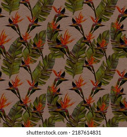 Funny Seamless Wallpaper Wallpaper Of Tropical Green Palm Leaves And Strelitzia Flowers On A Beige Background. Exotic Wallpaper. Background For Prints, Fabric, Wallpaper, Wrapping Dad.