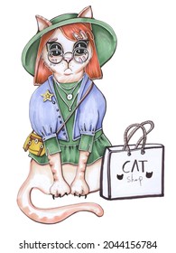funny sketch illustration fashion shopping cute cat with red hair wearing hat and seasonal clothes denim jacket and green dress