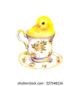 Funny Small Chicken Animal In Tea Cup. Tea Time Watercolor 