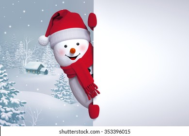 Funny Snowman Over Winter Background, Christmas Holiday Greeting Card, 3d Illustration