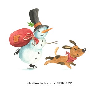 Funny snowman in top hat   ice skates and red bag   cute brown dog hurrying  cartoon style watercolor illustration isolated white background  Watercolor snowman   funny dog  puppy characters