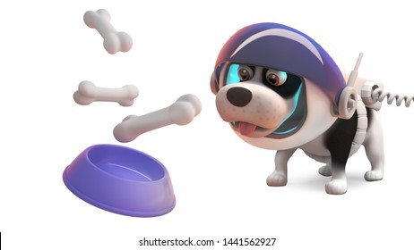 Funny space dog in spacesuit looking at bones falling into dog bow, 3d illustration render