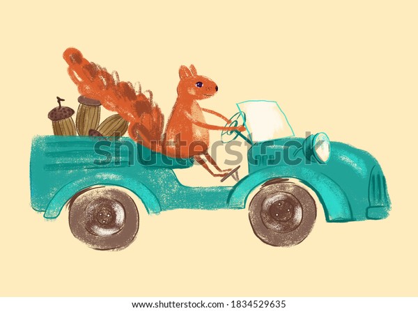 Funny squirrel on a retro car. Children\'s funny\
illustration, hand\
drawn