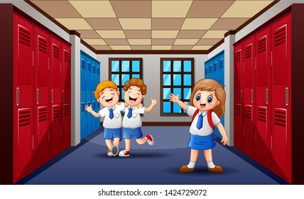 Funny students walking and laughing at school hallway - Powered by Shutterstock