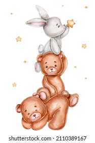 Funny teddy bears   bunny and star; watercolor hand drawn illustration; wirth white isolated background
