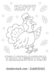 funny thanksgiving coloring page  cute design and black outlines happy cartoon turkey and pilgrim hat   falling autumn leaves 
