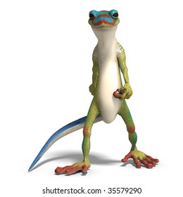 Funny Toon Gecko. 3D Render With Clipping Path And Shadow Over White