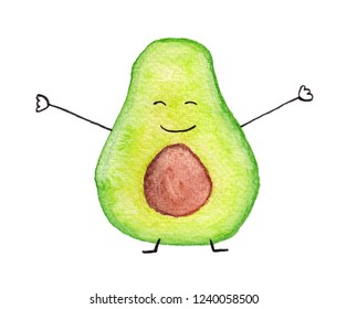 Funny Watercolor Avocado Isolated Hug Cartoon Stock Illustration ...