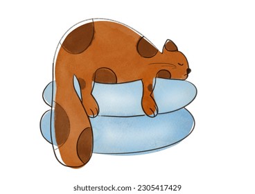 Funny watercolor cartoon cat with big tail hanging down is Sleeping on pillow. Postcard on white background for international Cat day on August 8. tired ginger kitten is resting and relaxing - Powered by Shutterstock