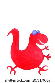 Funny Watercolor Illustration Of A Cartoon Red T Rex Dinosaur With Outstretched Arms Isolated On A White Background