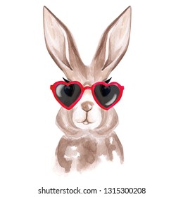 Funny Watercolor Rabbit In Sunglasses