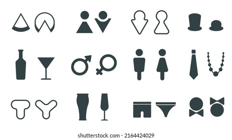 Funny Wc Signs For Men And Women, Toilet Or Restroom Icons. Male And Female Bathroom Door Gender Pictogram For Cafe Or Restaurant  Set. Minimal Washroom Symbols With Underwear, Accessories