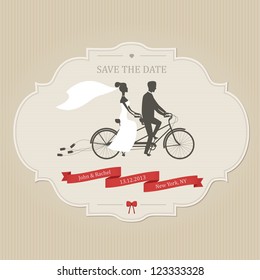 Funny Wedding Invitation With Bride And Groom Riding Tandem Bicycle