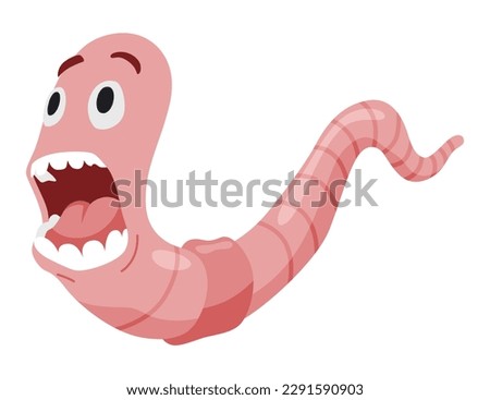 Funny worm. Pink crawler scared. Earth worm cartoon character, wildlife nature. Insect for kids illustration