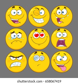 Funny Yellow Cartoon Emoji Face Series Character Set 1. Raster Collection With Gray Background