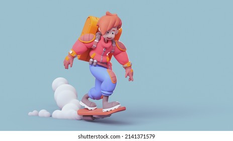 Funny Young Kawaii Delivery Girl With Yellow Thermo Backpack With An Open Smiling Mouth Wears Red Puffer Jacket, Blue Jeans Rides Futuristic Sci-fi Skateboard Flying In Air. 3d Render In Minimal Style