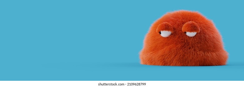 Fur Monster Looking At The Copy Space With Bored Or Stale Expression. Funny Looking Furry Mascot. 3D Rendering.