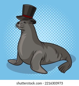 Fur Seal In Top Hat Pinup Pop Art Retro Raster Illustration. Comic Book Style Imitation.