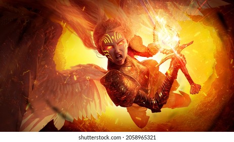 The furious angel girl rushes into battle, she screams holding the holy sword at the ready, breaking out of the depths of hell on her white wings, her eyes burn with righteous fire. 3d rendering