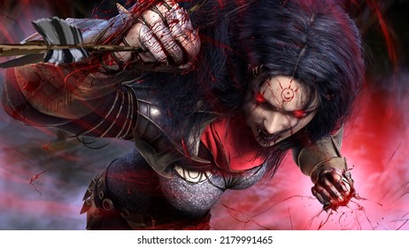 Furious Beautiful Vampire Woman With Black Hair And Red Eyes, Runs Into A Fight With Bloody Fists With Spiked Brass Knuckles Catches Arrows, Preparing To Deliver A Fatal Punch. 3d Rendering Action Art